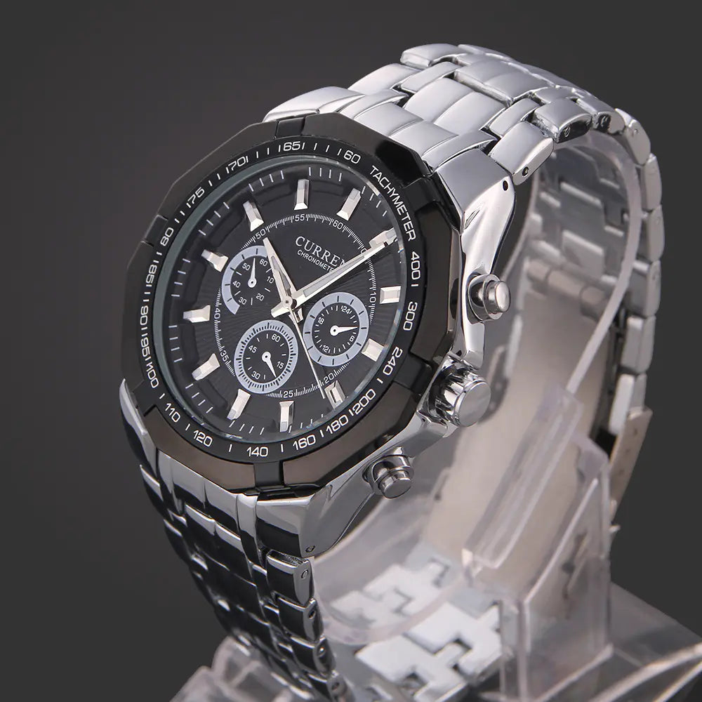 CURREN 8084 Men's Business Quartz Steel Watch in black dial with silver bracelet, showcasing a modern chronograph and tachymeter bezel.