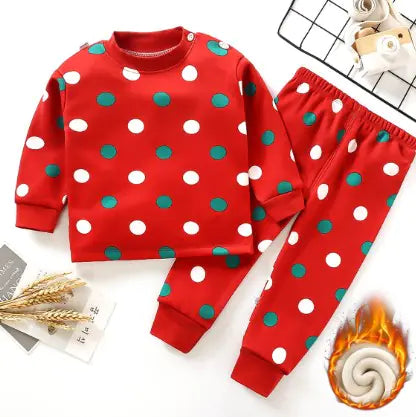 Boys' Cartoon Print Long Sleeve Pajama Set for Kids in red with green and white polka dots, fleece-lined for extra warmth in winter.
