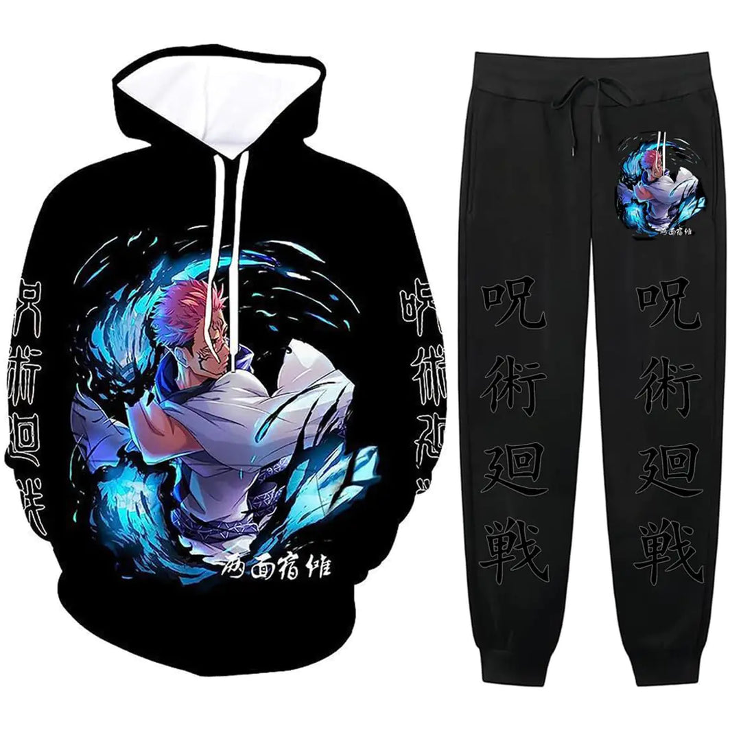 Unisex CAVTPME 2 Piece Anime Hoodie Sweatpants Set 08 with vibrant blue energy design and detailed anime artwork, ideal for casual or loungewear.